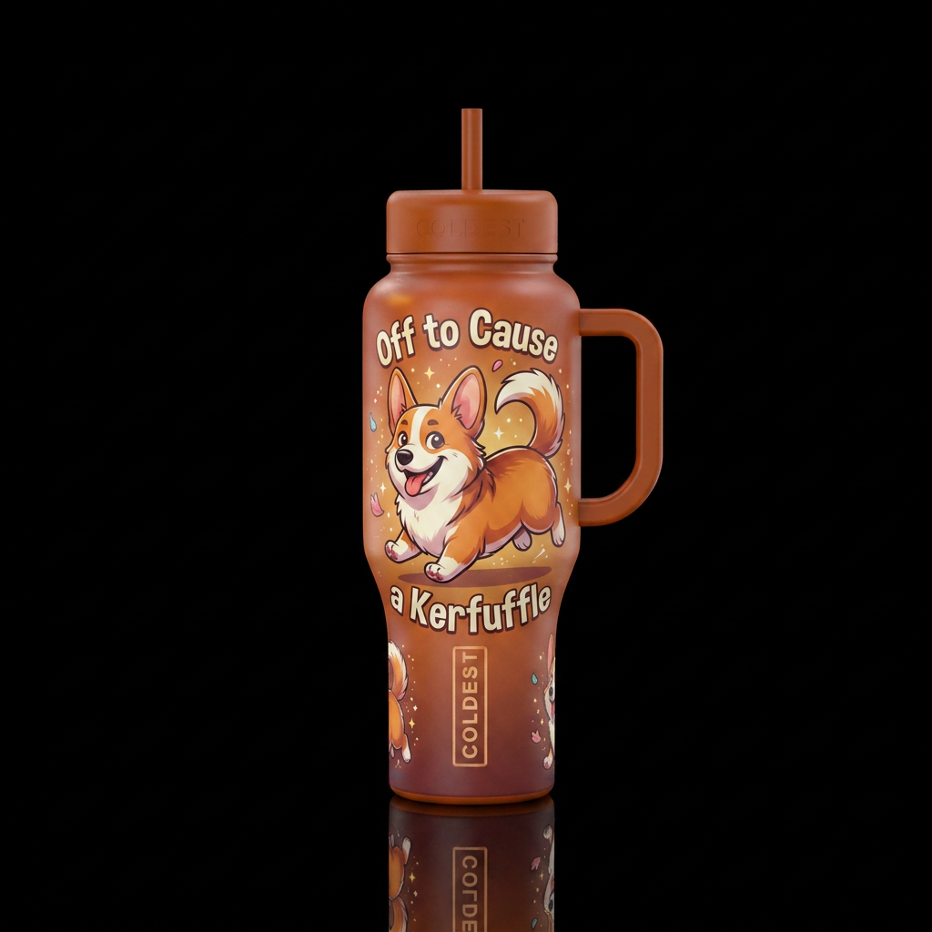 Animated cartoon corgi "Off to Cause a Kerfuffle" ... water bottle design