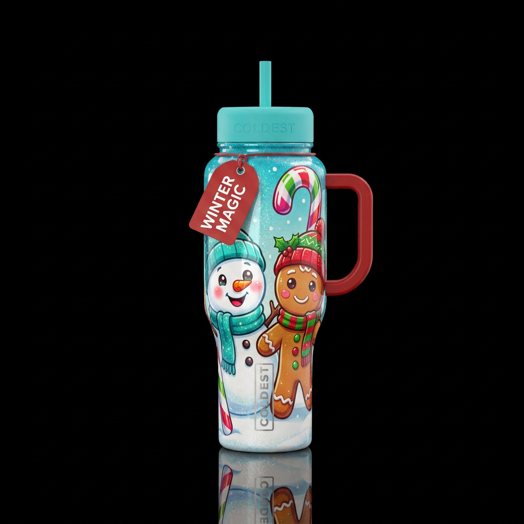 Gingerbread man and snowman out in snow, snowman w... water bottle design
