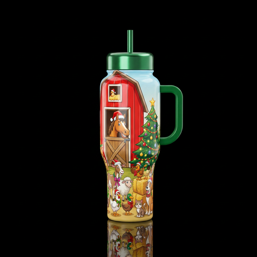 Barn with  Dutch door, horse head sticking out loo... water bottle design