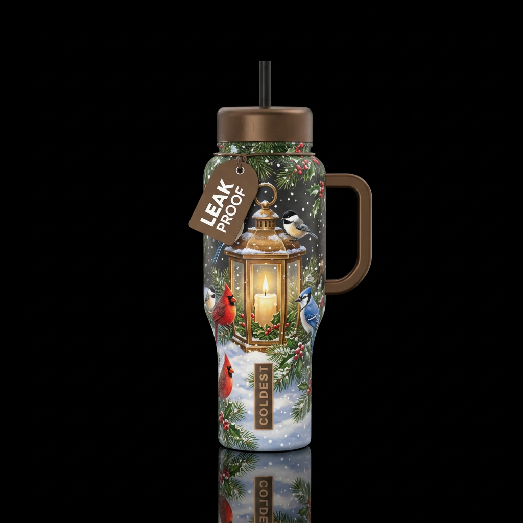 Guilded bronze candle lantern, sitting in the snow... water bottle design