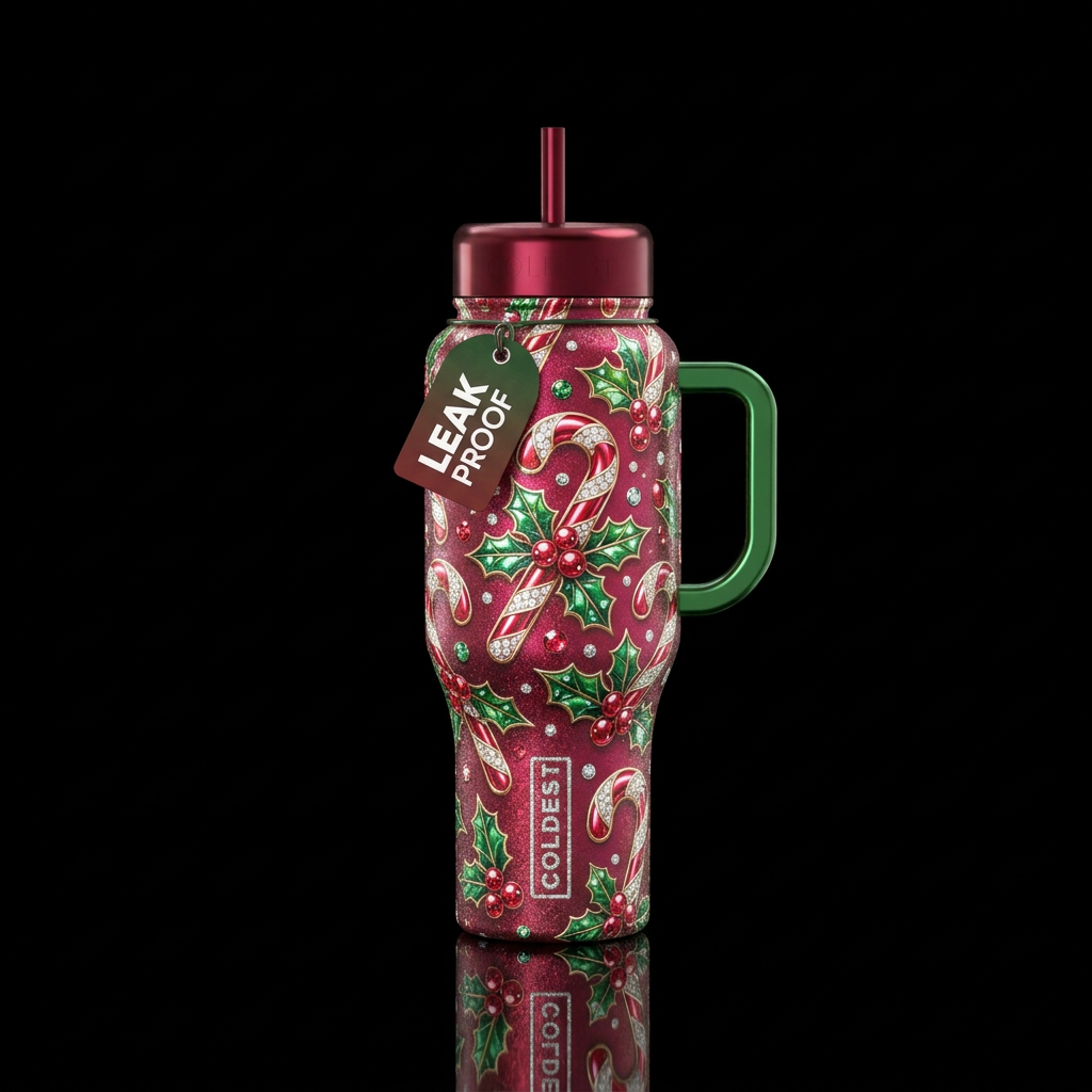 Beautiful candy canes and Holly sprigs not on blac... water bottle design