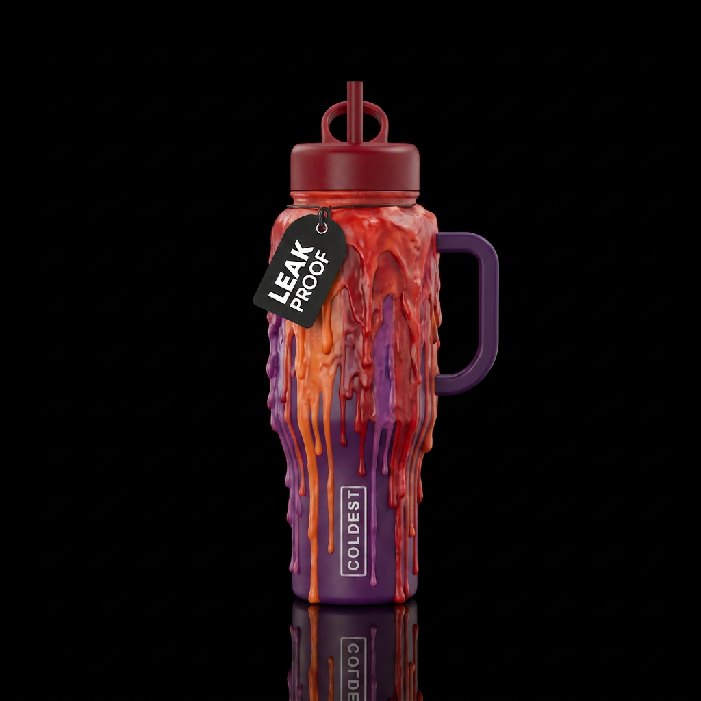 Melting candle, red, orange, purple, drippy, sensu... water bottle design