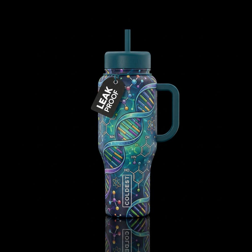 science dna, molecules and vibrant science colors water bottle design