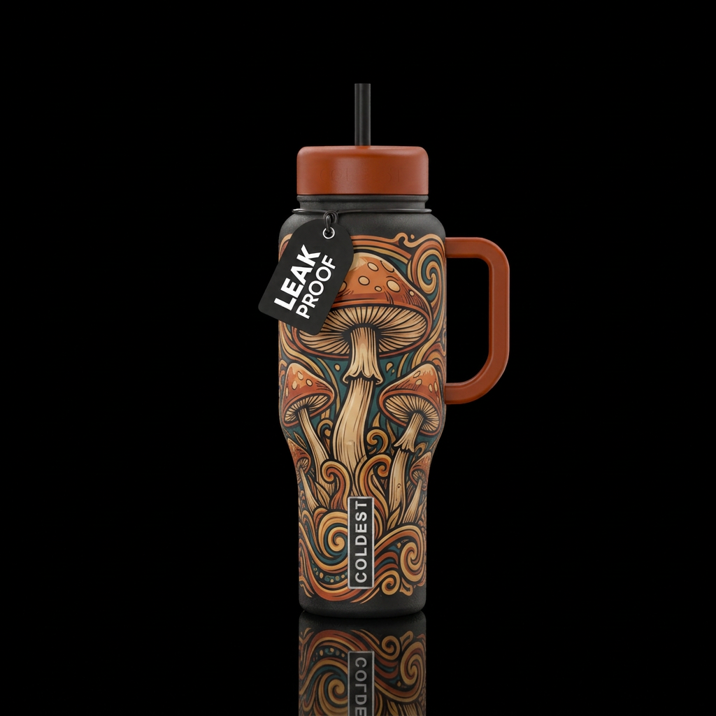 mushroom neo traditional and burnt orange hints wi... water bottle design
