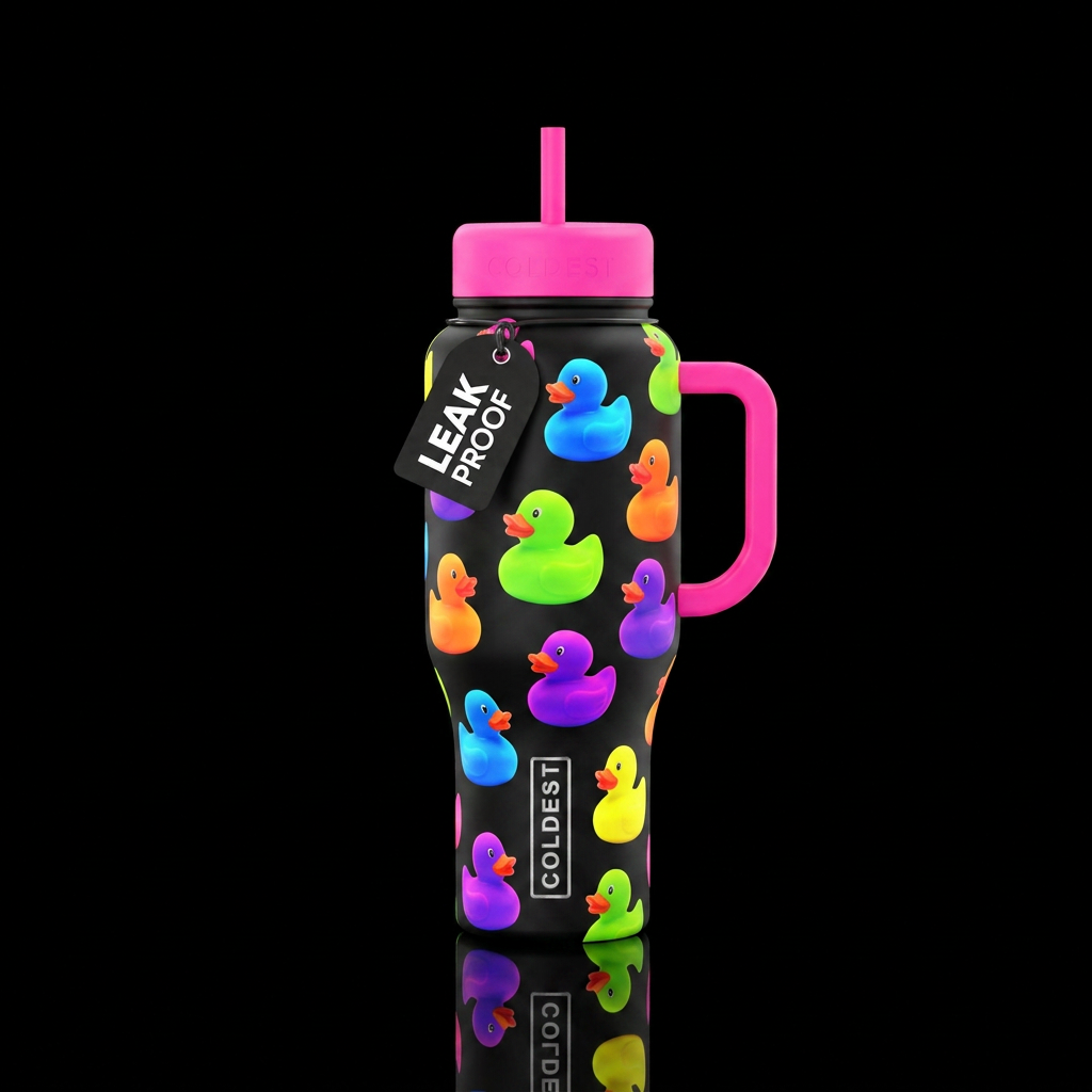 Neon colored rubber duckies water bottle design