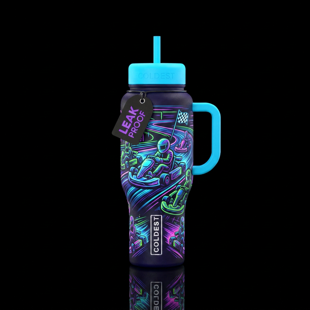 Neon colored go kart racer water bottle design