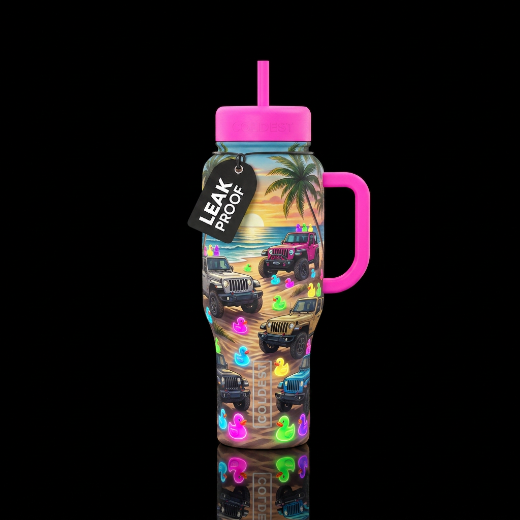 Jeep beach with neon rubber duckies water bottle design