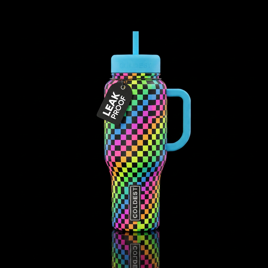 Neon colorful checkered water bottle design