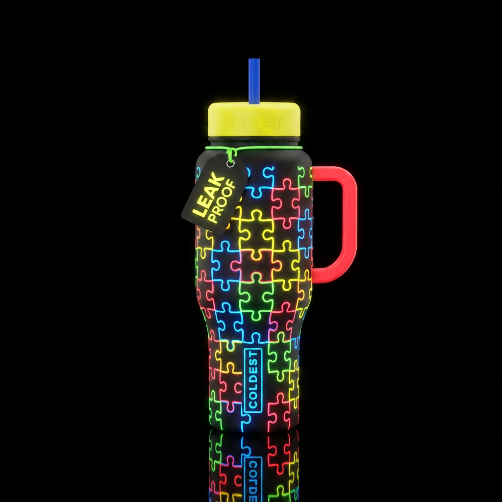 Neon autism puzzle water bottle design