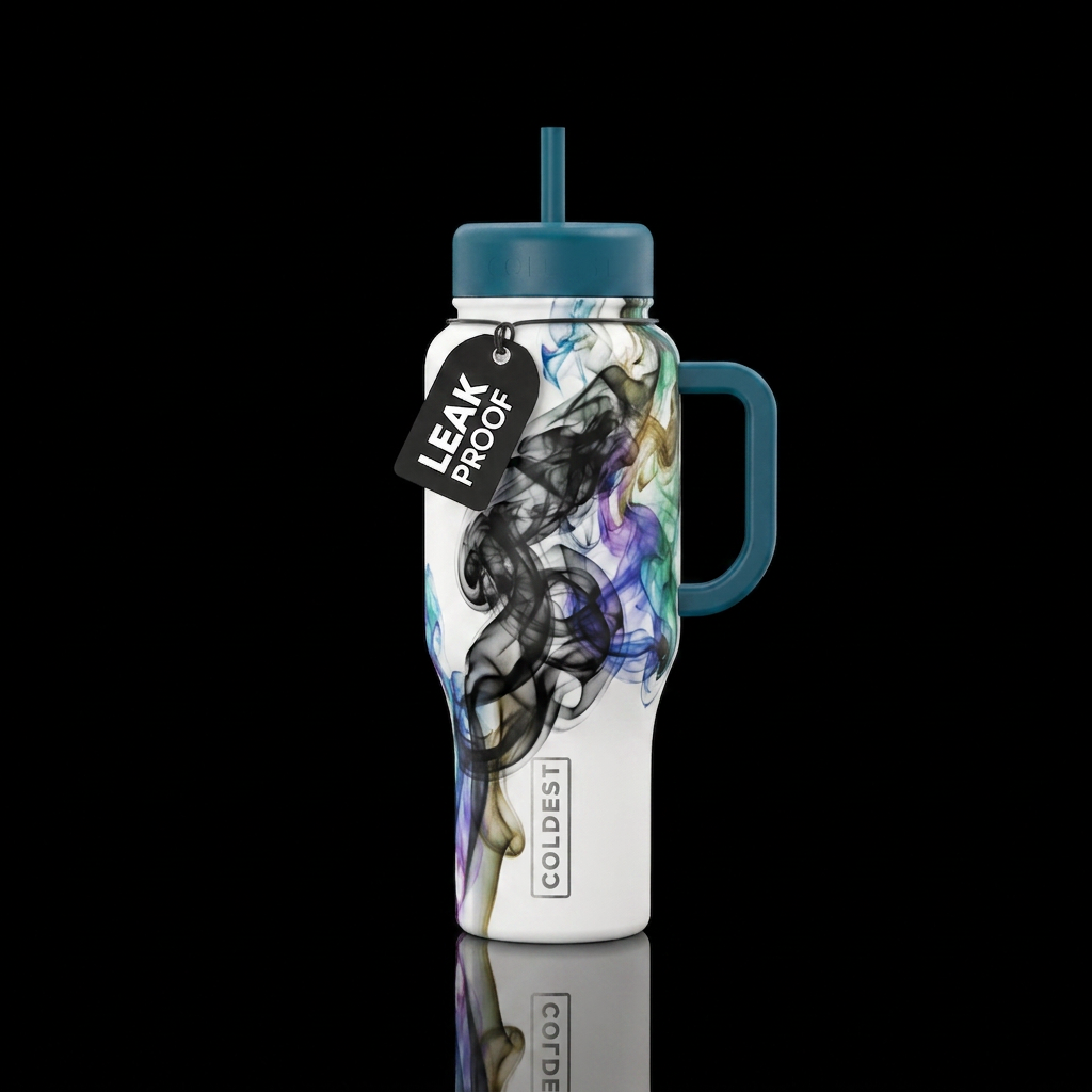 White cup with black smoke water bottle design