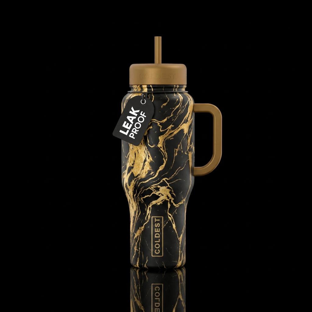 Black and gold marbled water bottle design