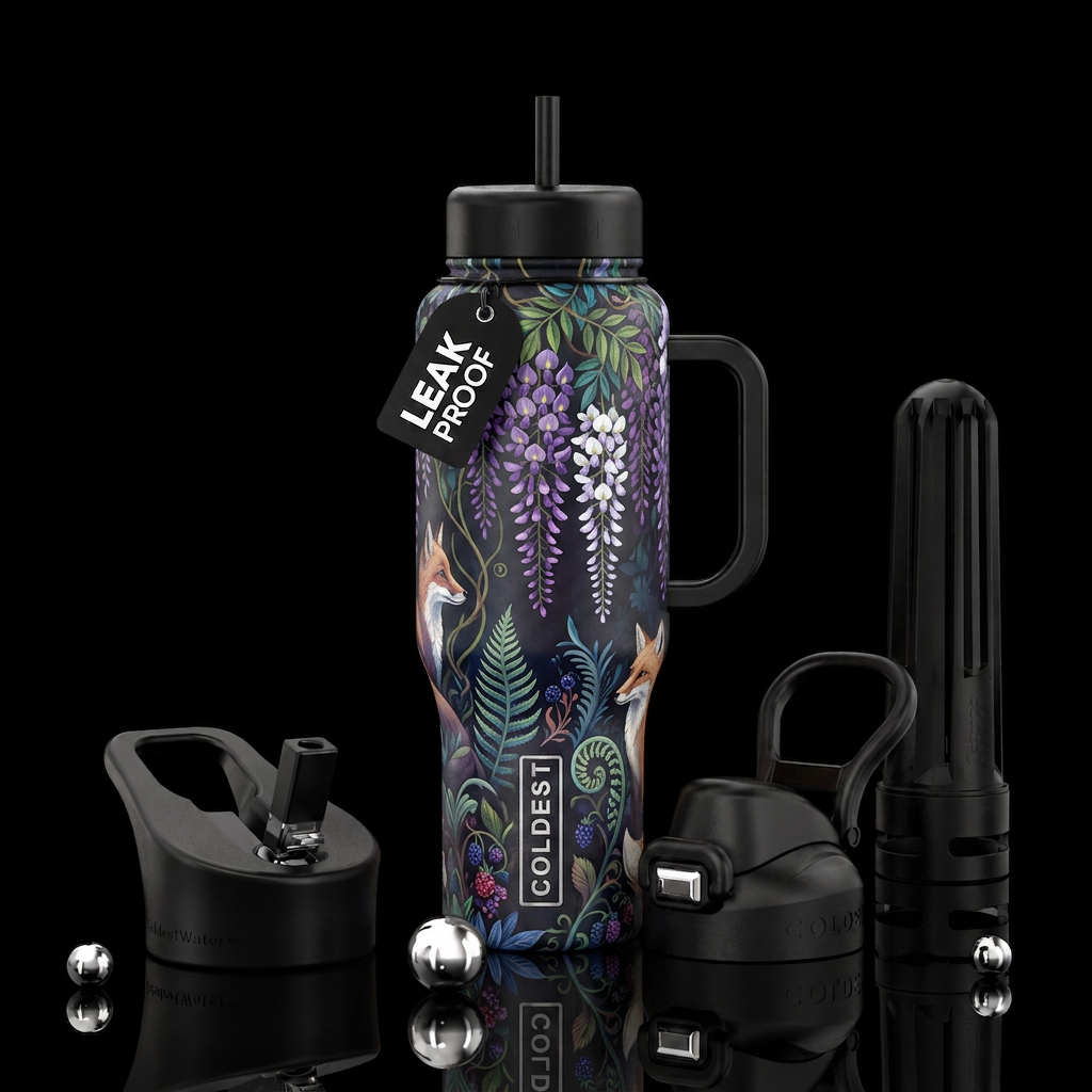 wisteria, fox, exotic plants, nordic, opulent water bottle design