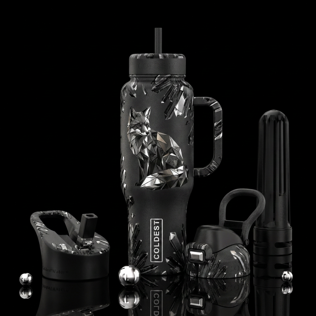 Black Tourmaline + Hematite fox water bottle design