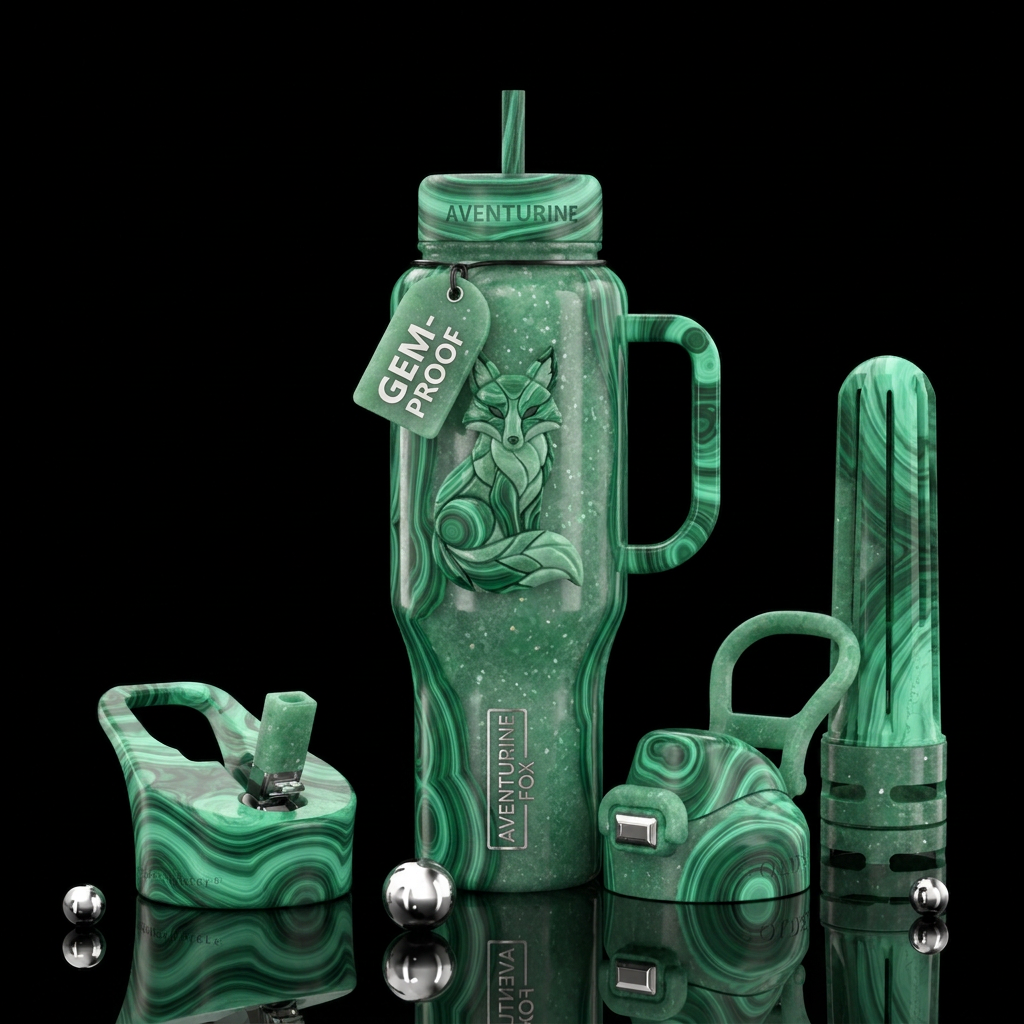 Green Aventurine and Malachite fox water bottle design