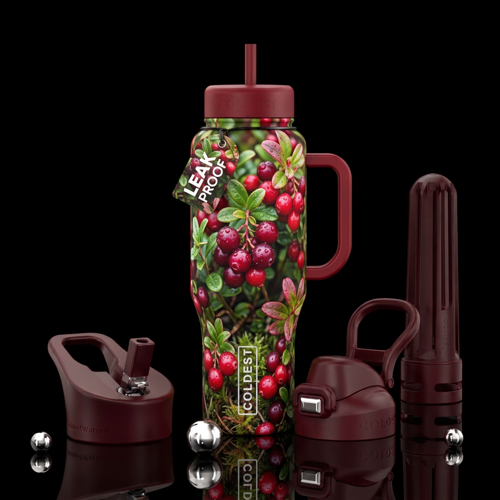 Glowie, fresh  lingonberries on bushes with dewdro... water bottle design