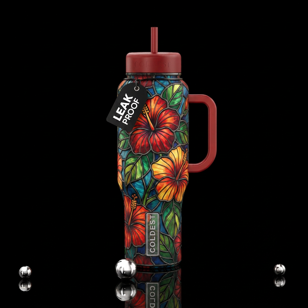 Hibiscus stained glass summer, dreamy water bottle design