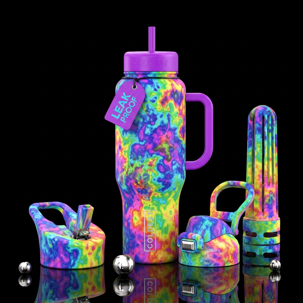 vibrant trippy, acid wash water bottle design