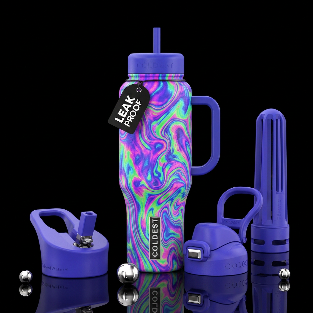 vibrant trippy, acid wash water bottle design