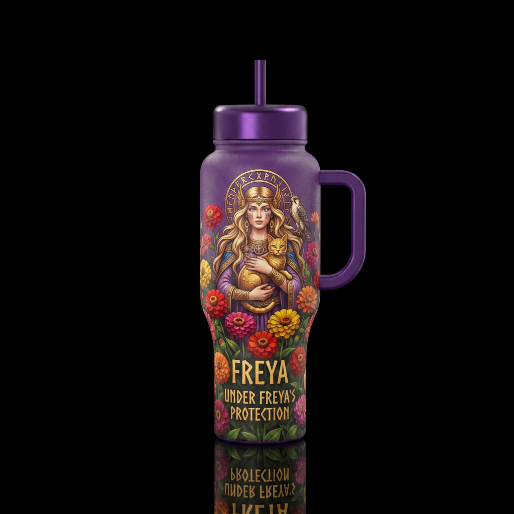 freya with the phrase under Freya’s protection wit... water bottle design