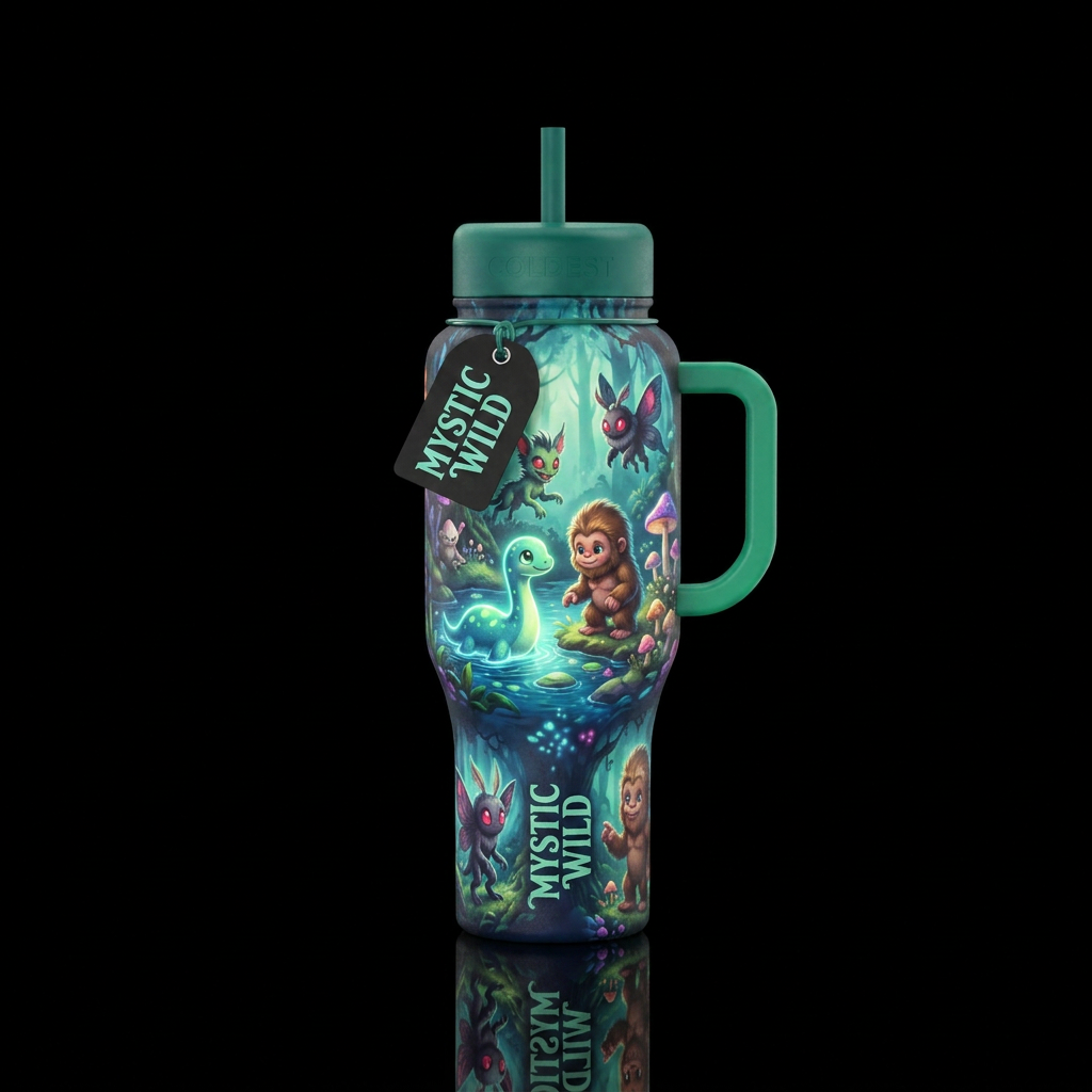 curious baby cryptids in nature interacting with o... water bottle design