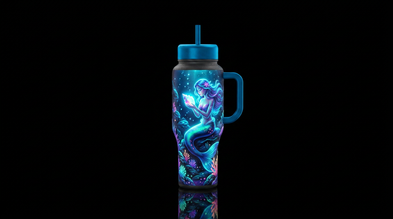 bioluminescent, underwater at night, rocks, with a... water bottle design