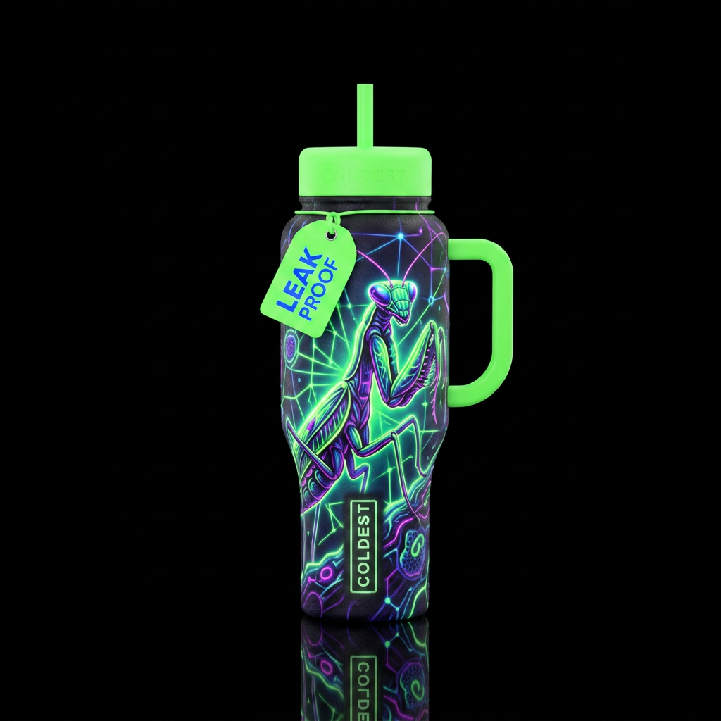 beautiul, glowie, mantis, neon water bottle design