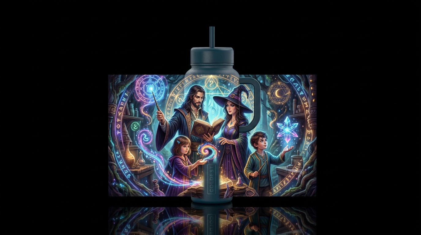 warlock and witch couple with children learning ab... water bottle design