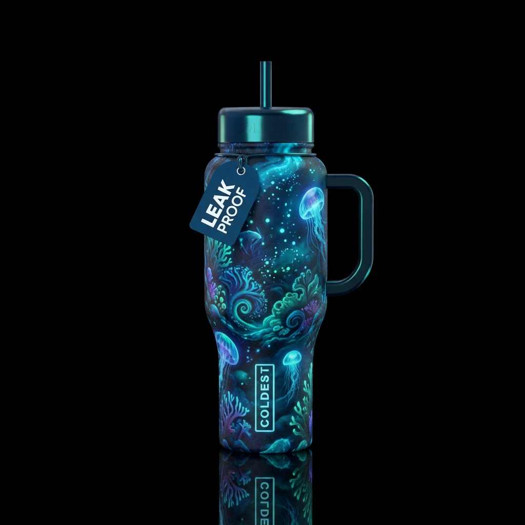 dreamy, glowie, dark mood, ocean water bottle design