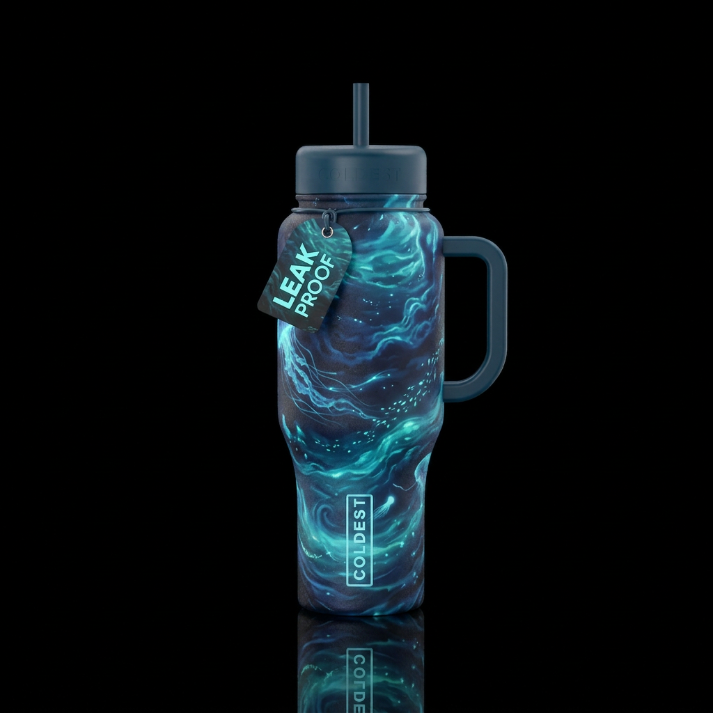 dreamy, glowie, dark mood, ocean water bottle design