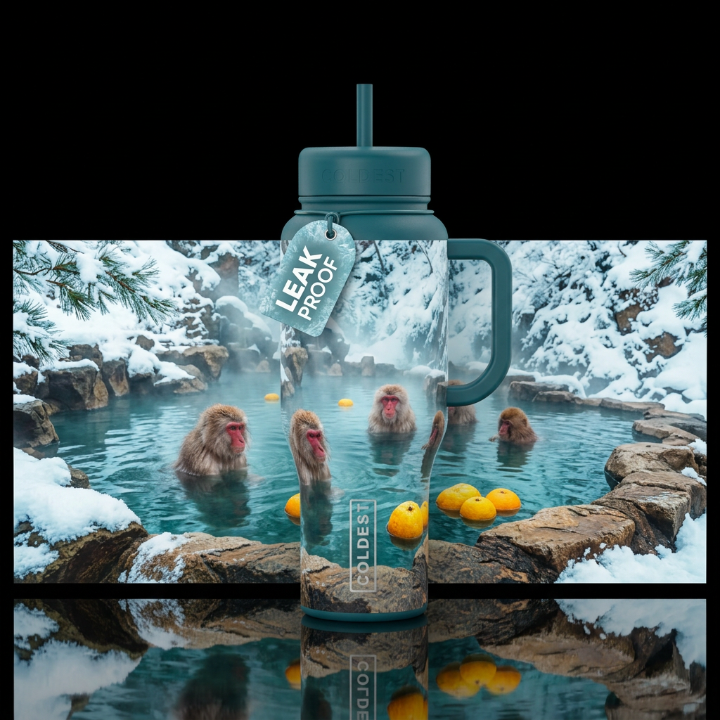 Frosty, winter, hot springs, floating fruit, Japan... water bottle design