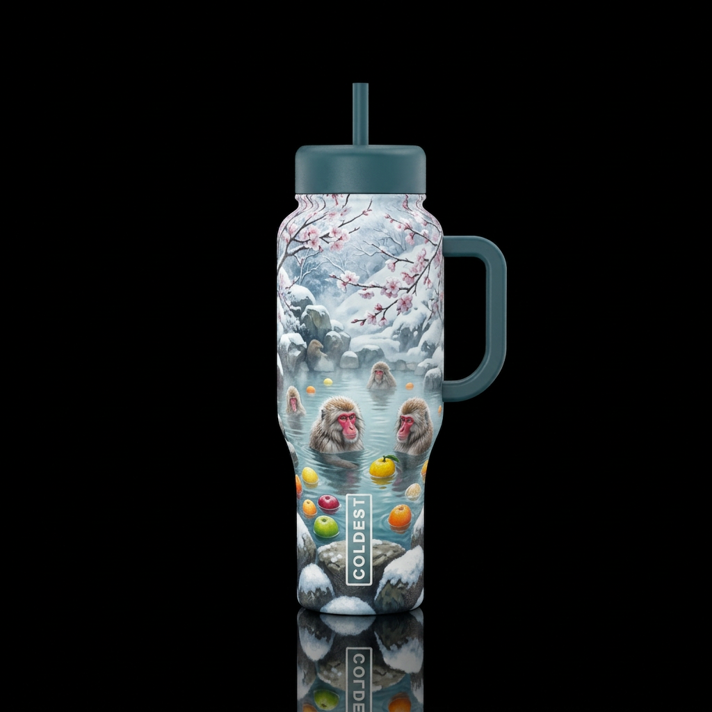 Frosty, winter, hot springs, floating fruit, Japan... water bottle design