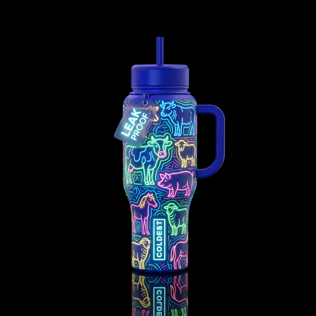 Neon farm animals water bottle design