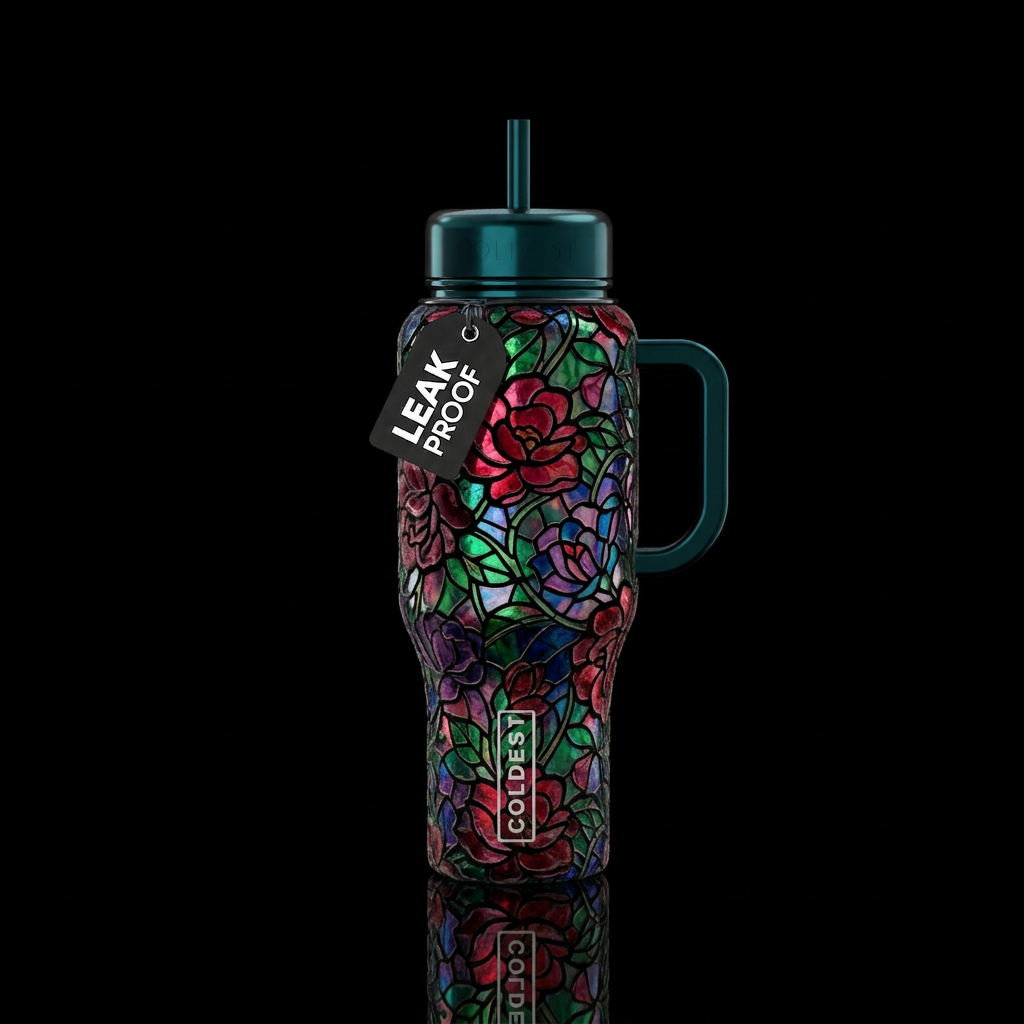 Floral burn out velvet, stained glass water bottle design