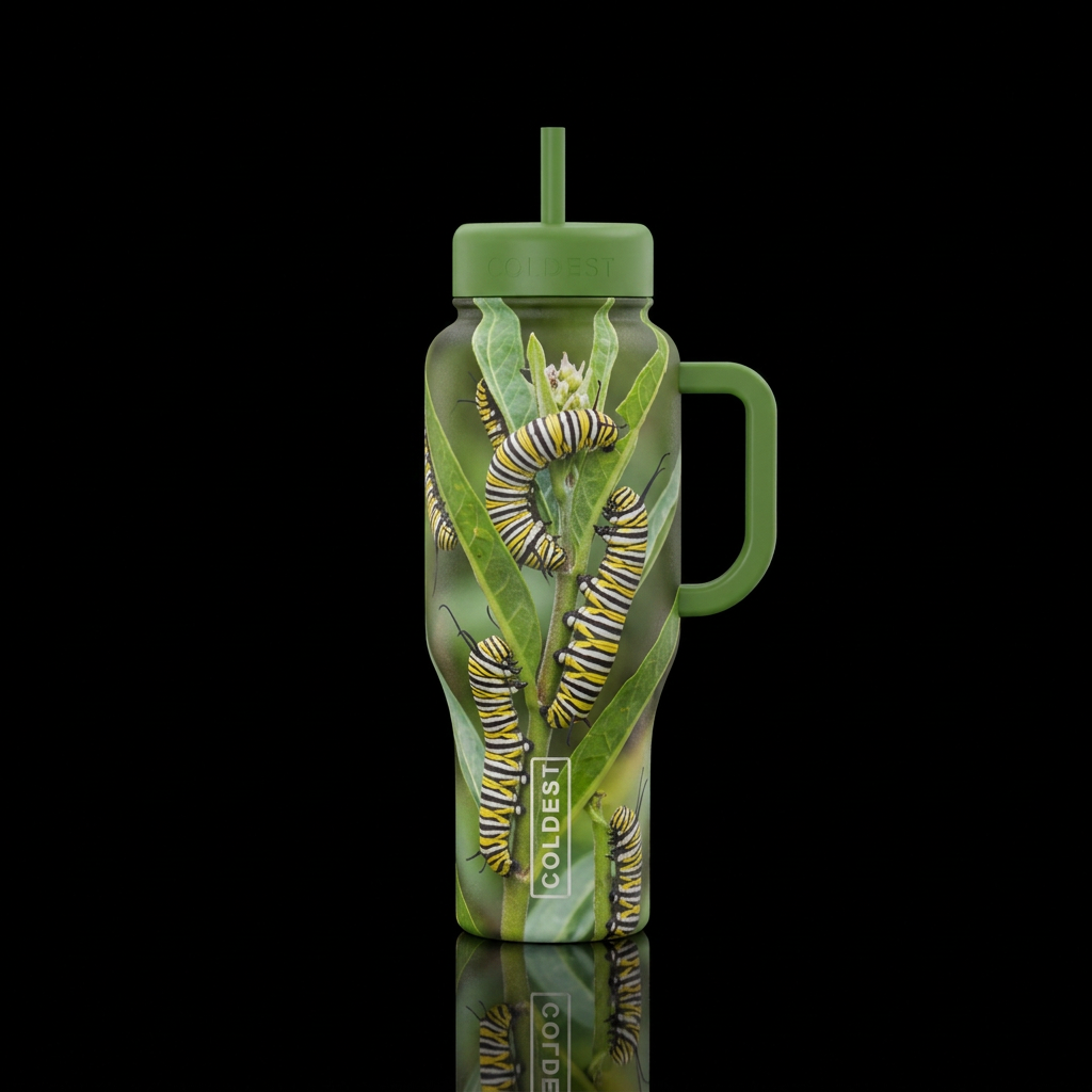 monarch butterfly caterpillars on leaves water bottle design