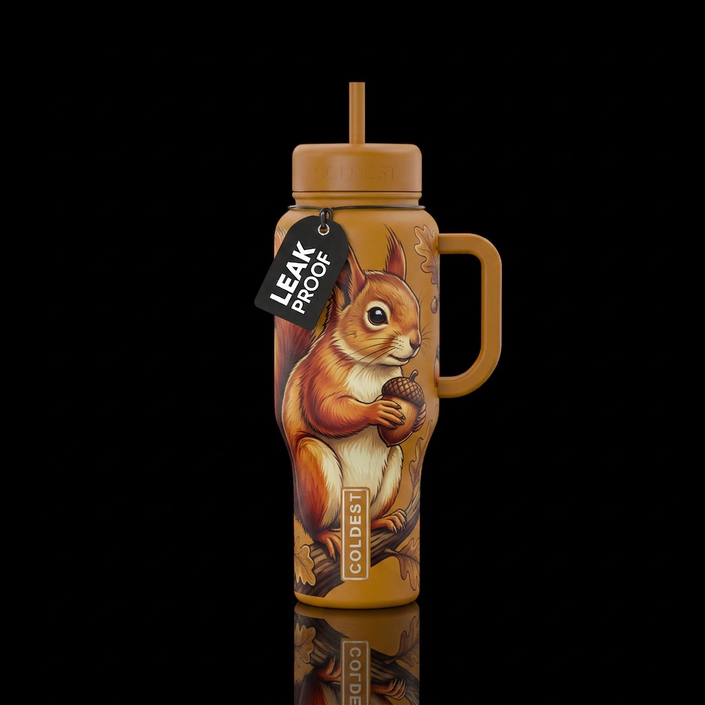 squirrel holding an acorn water bottle design