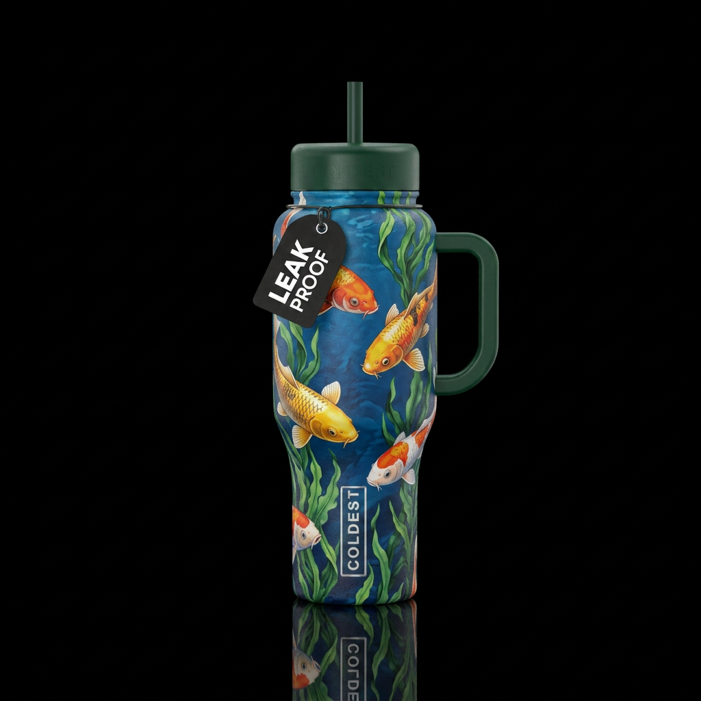 koi fish underwater with seaweed around them water bottle design