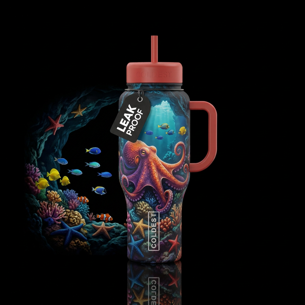 octopus in a cave covered with coral and starfish ... water bottle design