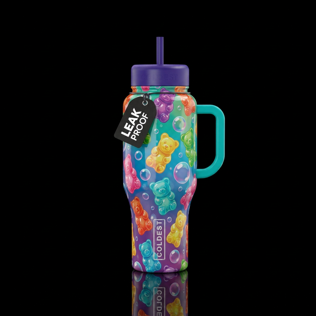 multicolored gummy bears and bubbles floating arou... water bottle design