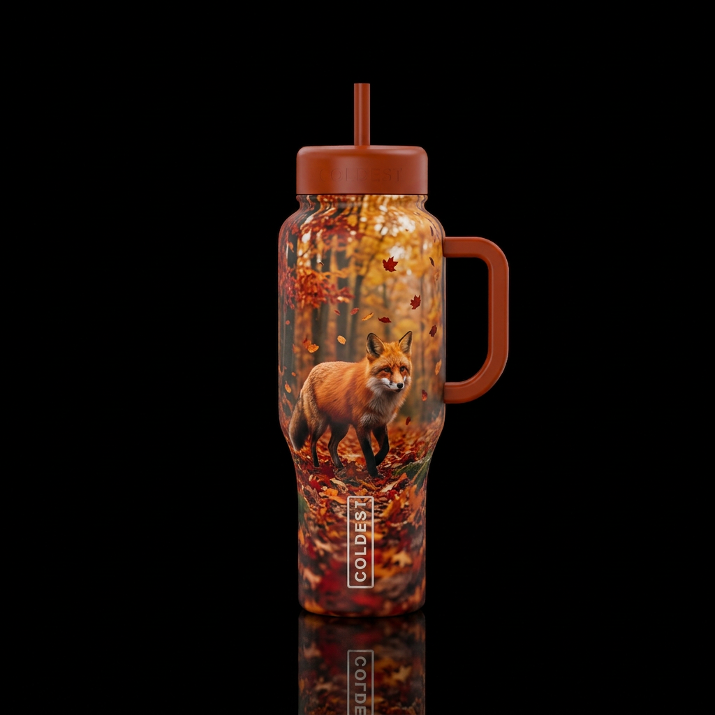 red fox walking through a forest in fall with leav... water bottle design