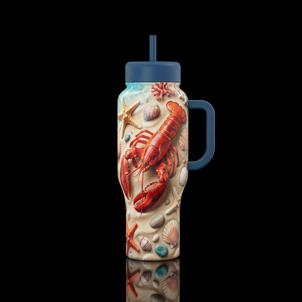 red lobster on beach with seashells and starfish water bottle design