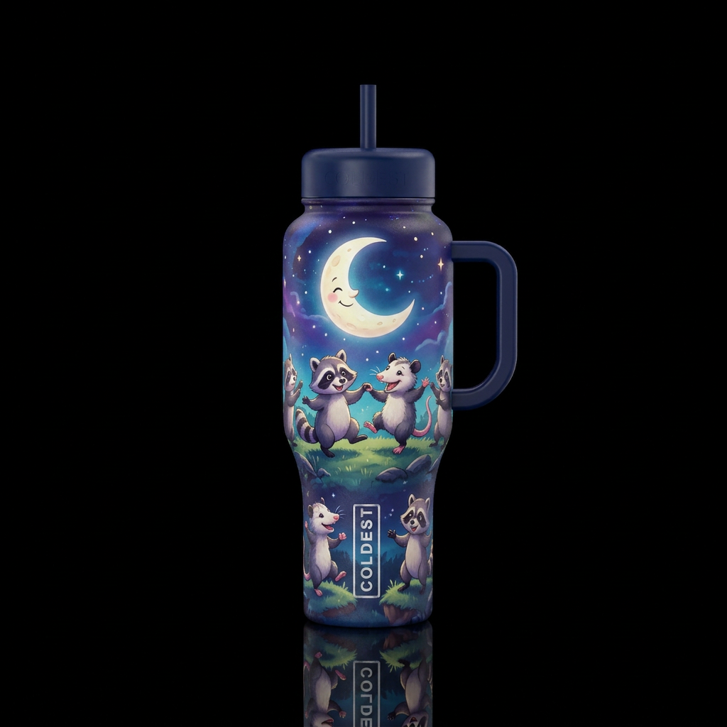 cute raccoons and opossums dancing under the moon ... water bottle design