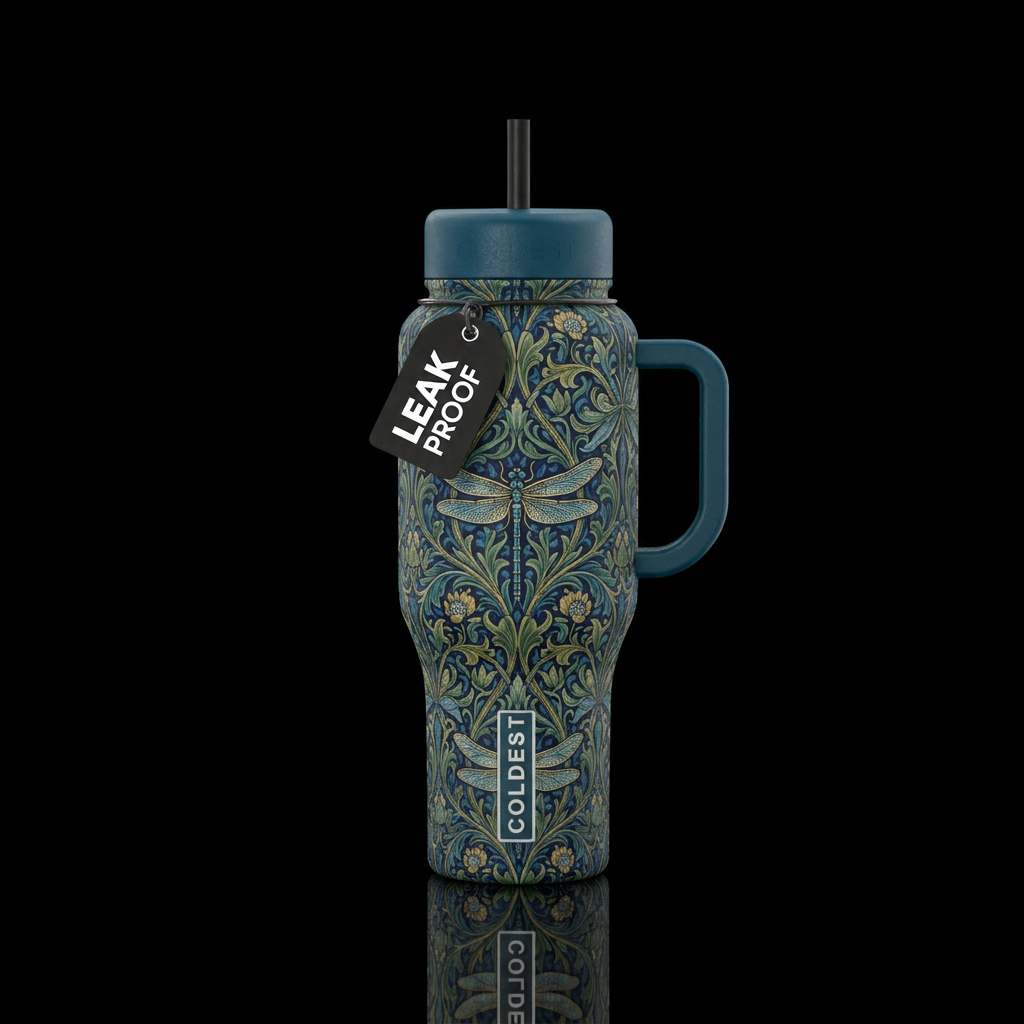 William morris style with dragonflies water bottle design