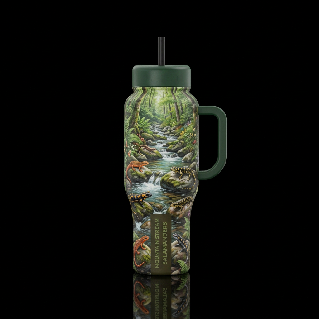 many different salamanders sitting on rocks around... water bottle design