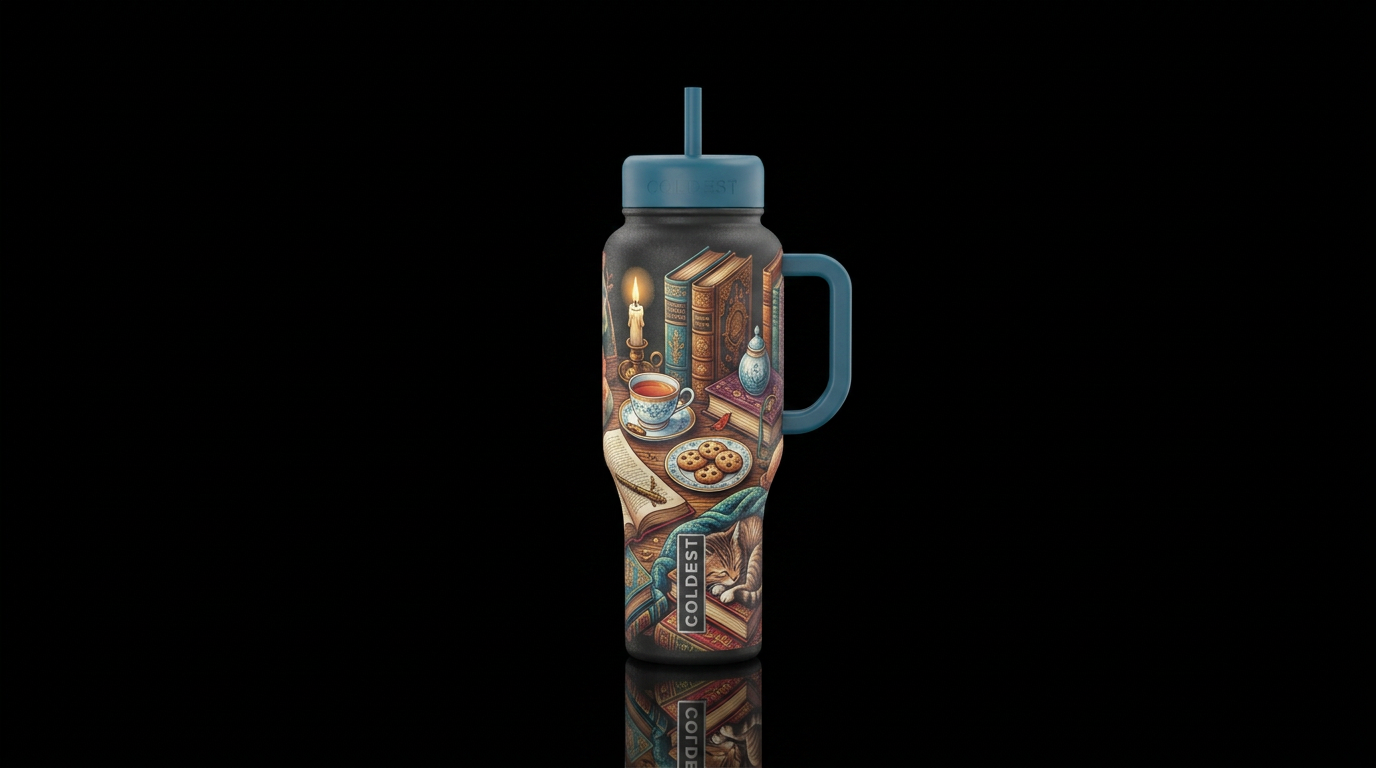 book, candle, cup of tea, plate of cookies, cat, m... water bottle design
