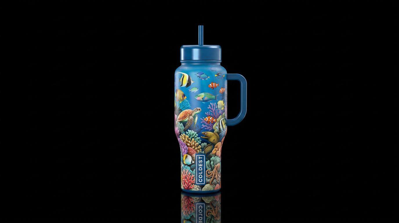 coral reef with many different fish, sea turtle, m... water bottle design