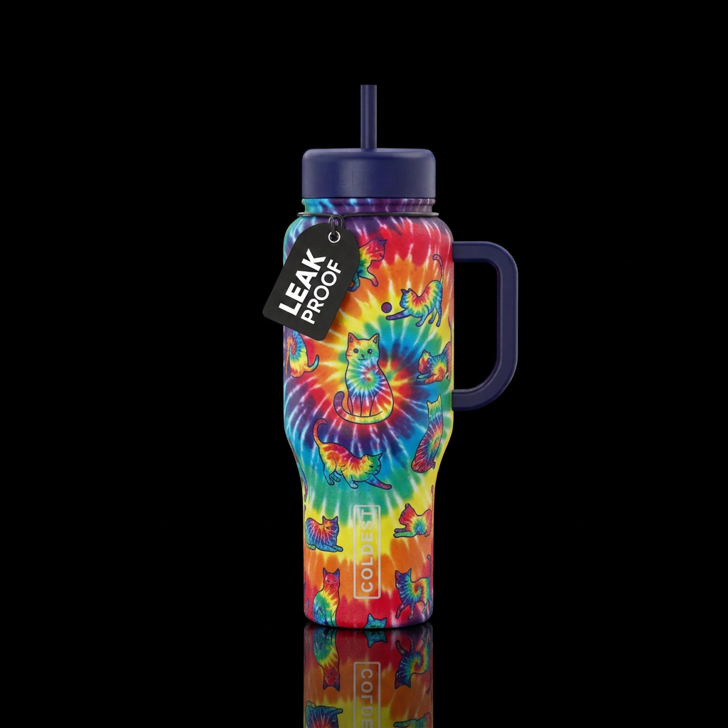 tie-dye rainbow cats water bottle design