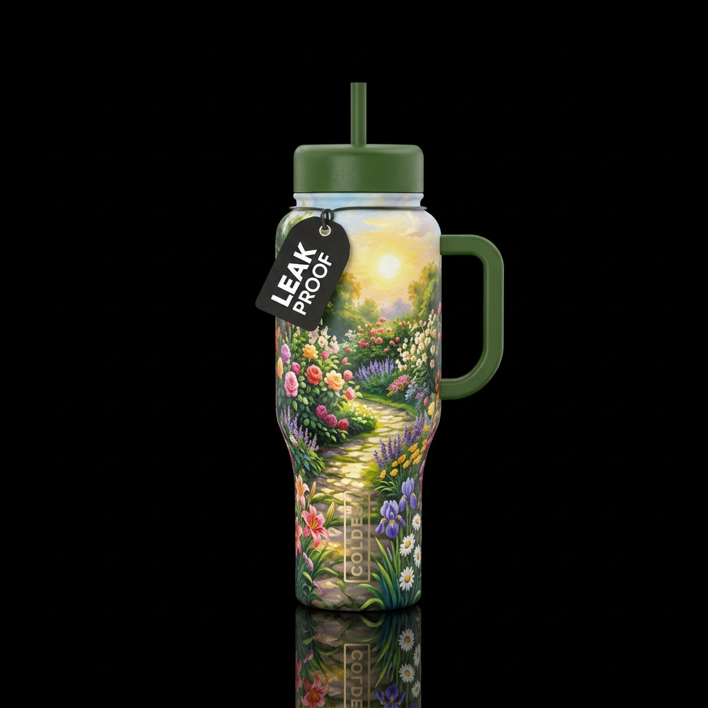 garden with many different flowers and sun and a p... water bottle design