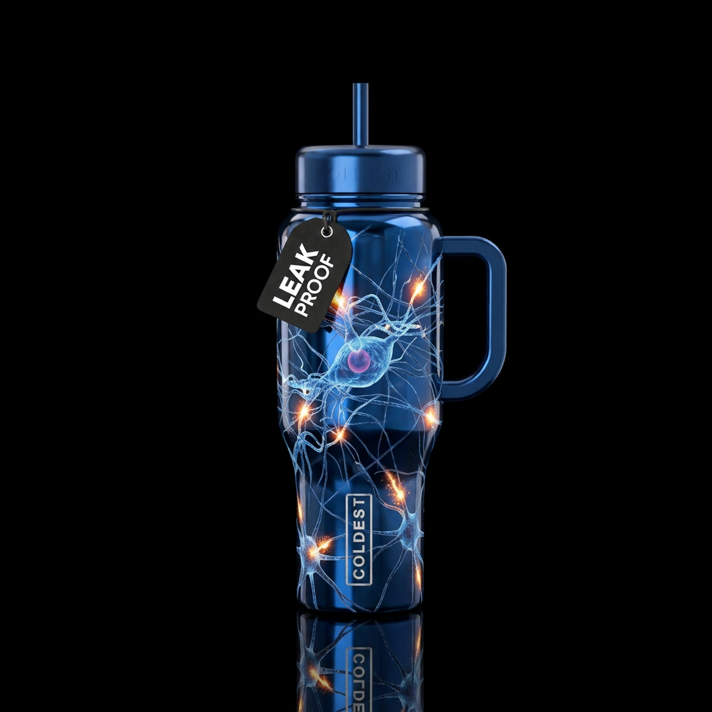 neurons with sparks coming off them on a metallic ... water bottle design
