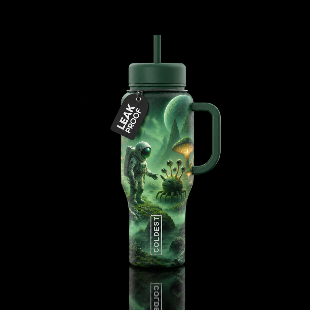 astronaut walking on a green misty planet with str... water bottle design