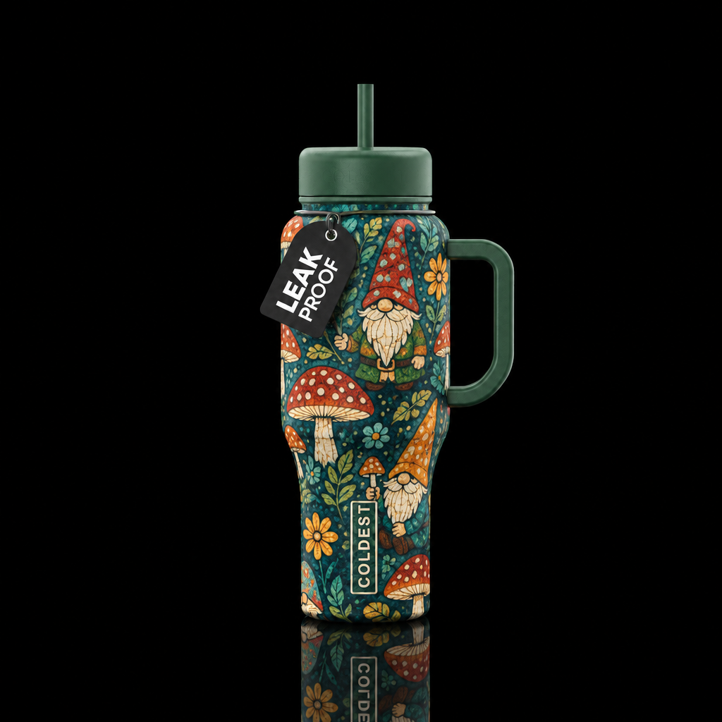 batik style with mushrooms and gnomes in the patte... water bottle design